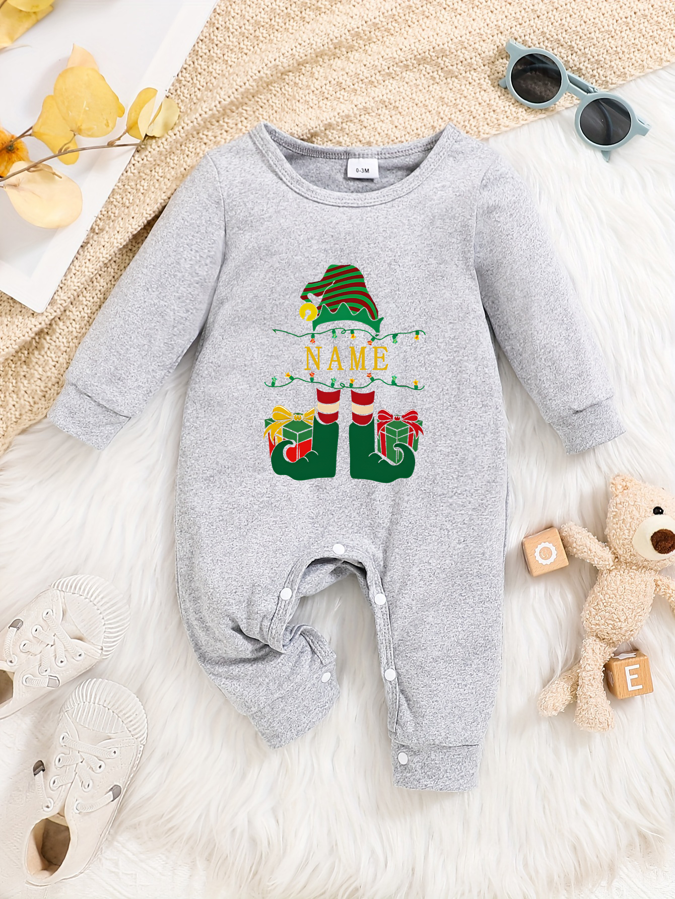 Custom Personalised Design Baby Romper Suit Newborn Long Sleeve Outfit Grey - Imagen 8 de 24