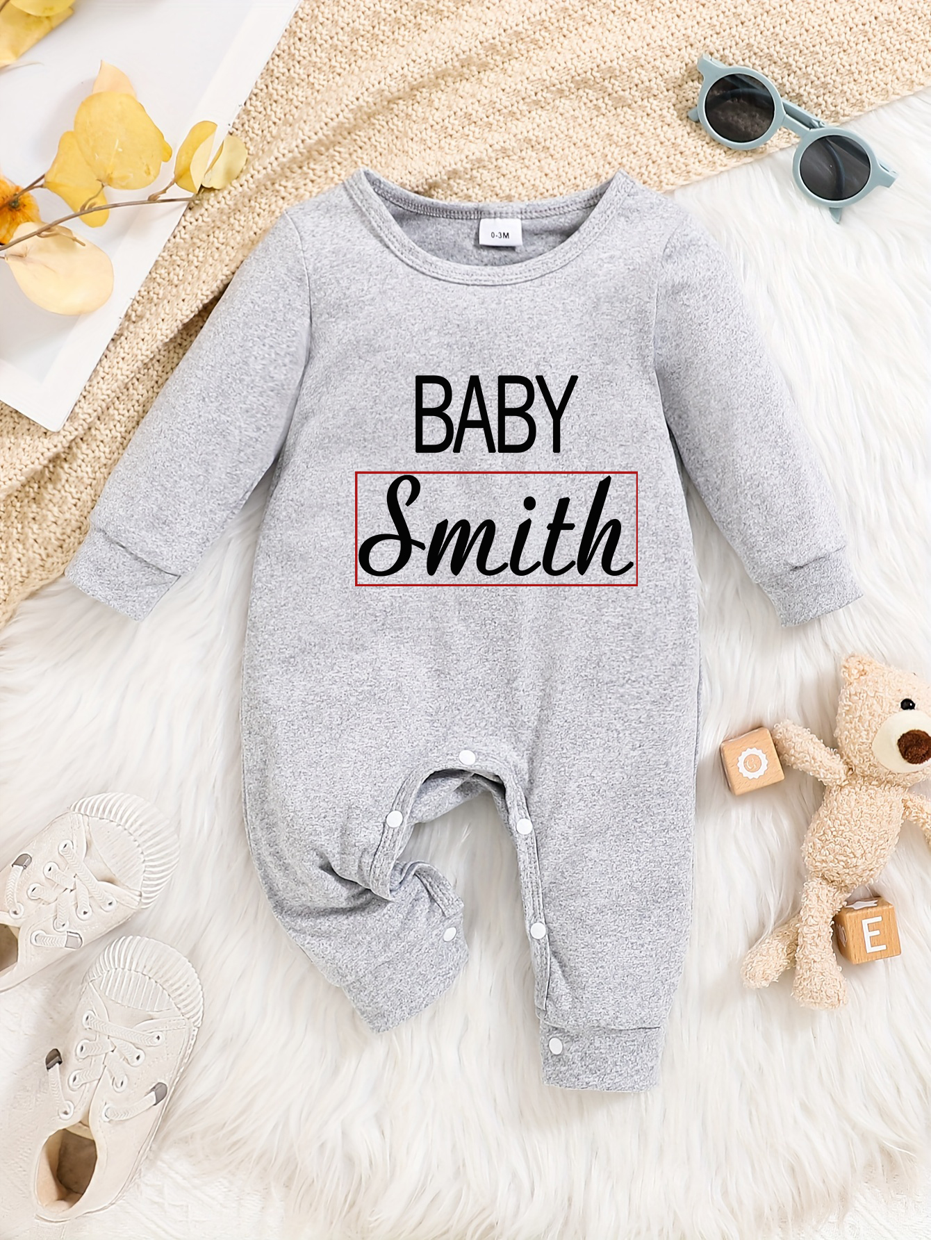 Custom Personalised Design Baby Romper Suit Newborn Long Sleeve Outfit Grey - Imagen 12 de 24