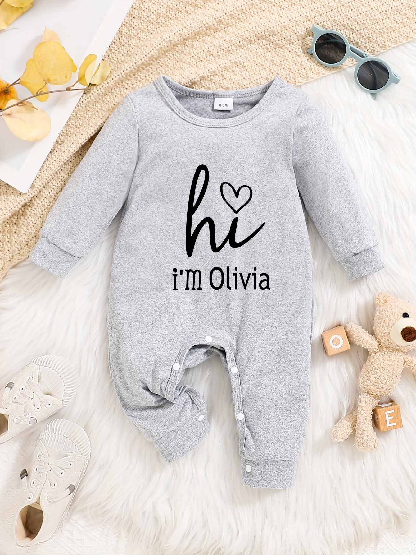 Custom Personalised Design Baby Romper Suit Newborn Long Sleeve Outfit Grey - Imagen 15 de 24