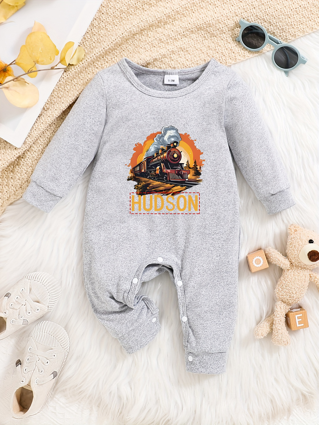 Custom Personalised Design Baby Romper Suit Newborn Long Sleeve Outfit Grey - Imagen 18 de 24