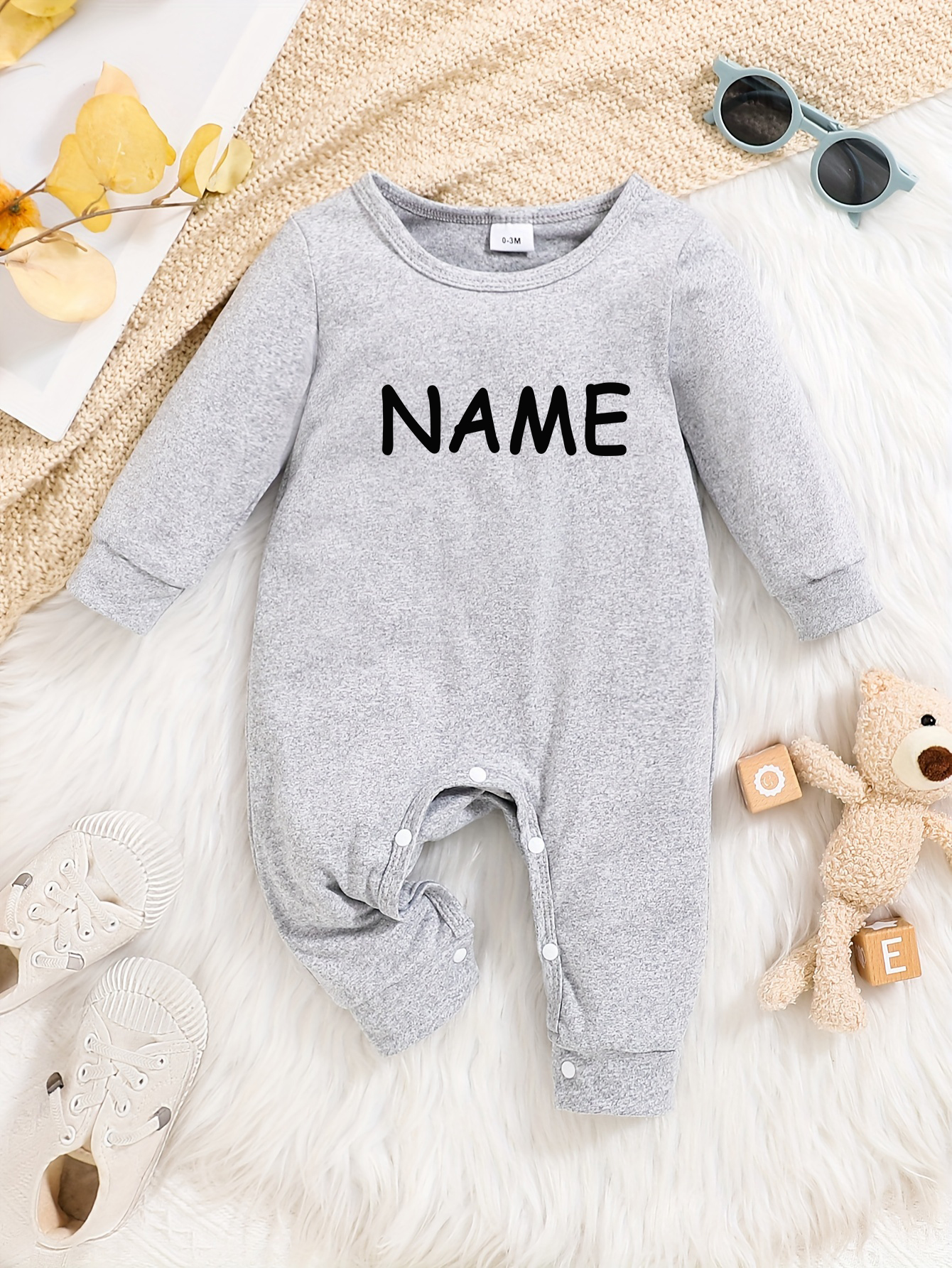 Custom Personalised Design Baby Romper Suit Newborn Long Sleeve Outfit Grey - Imagen 23 de 24