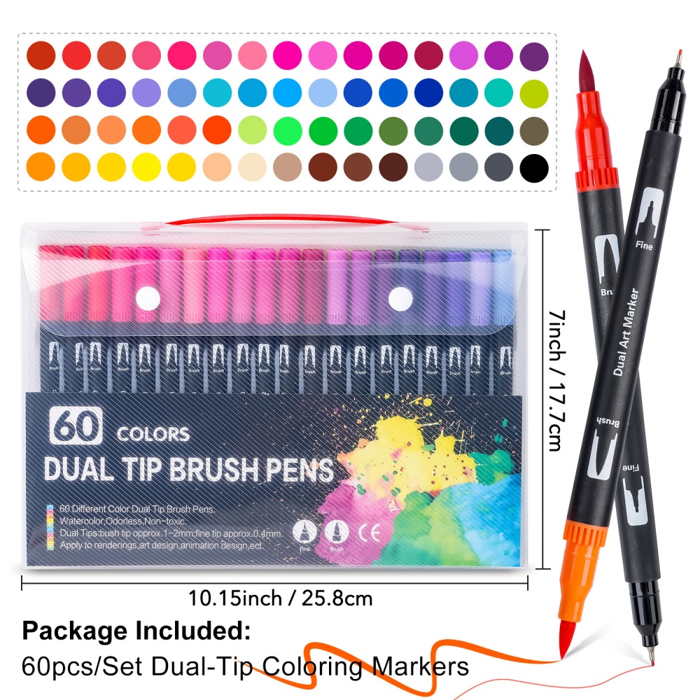 Dual Tip Brush and Fine Tip Markers Water-Based Coloring Pens Art Supplies