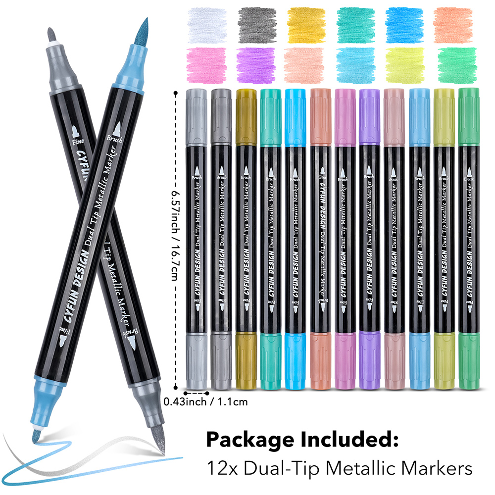 Dual-Tip Metallic Acrylic Markers Fine & Brush Tip Paint Pens for Scrapbook