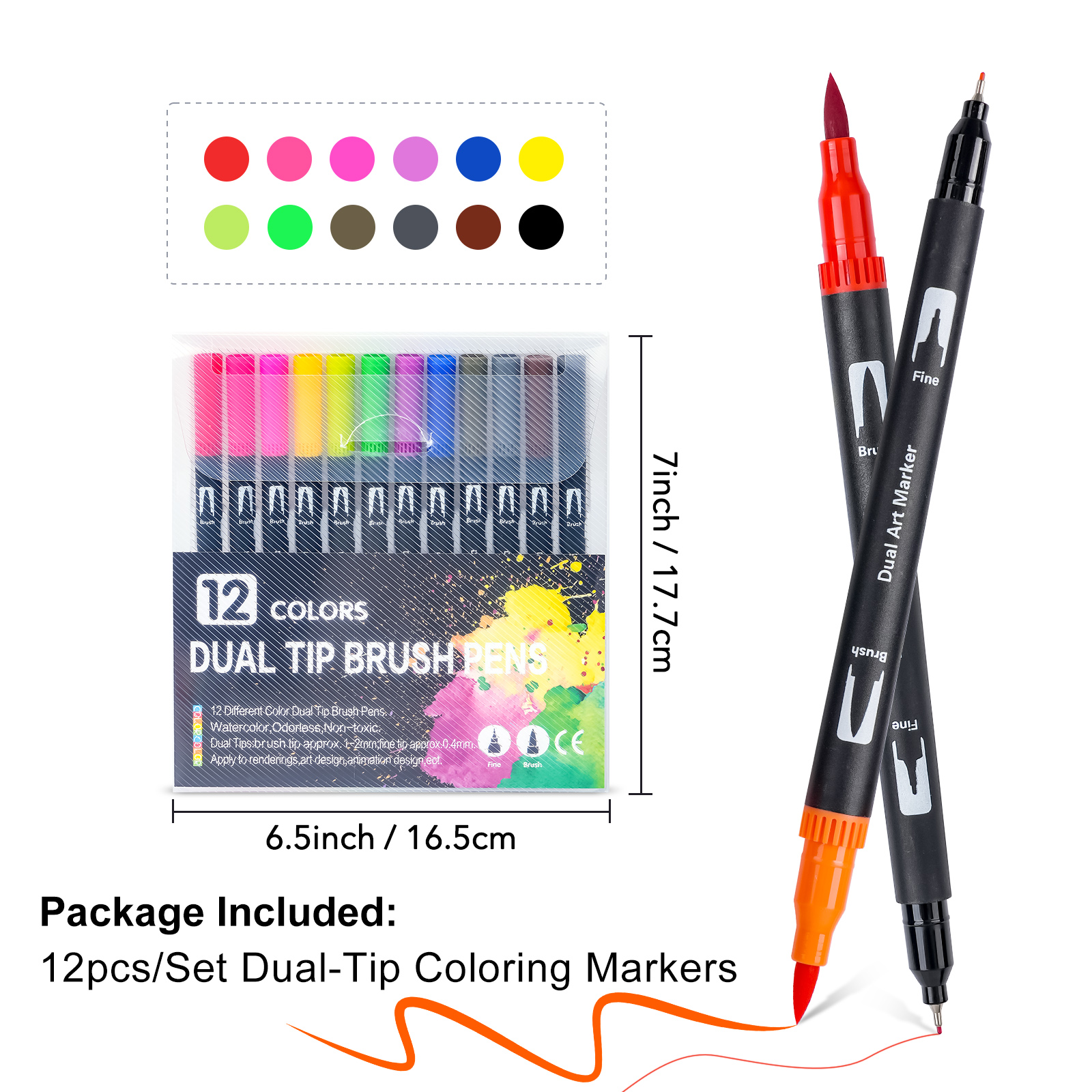 Dual Tip Brush and Fine Tip Markers for Coloring Books School Office Drawing
