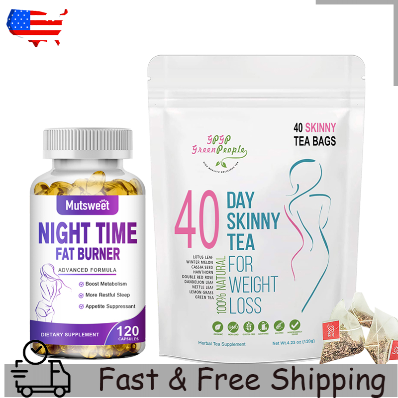 Night Time Fat Burner Capsules and Skinny Tea Boost Metabolism Burn Fat Detox