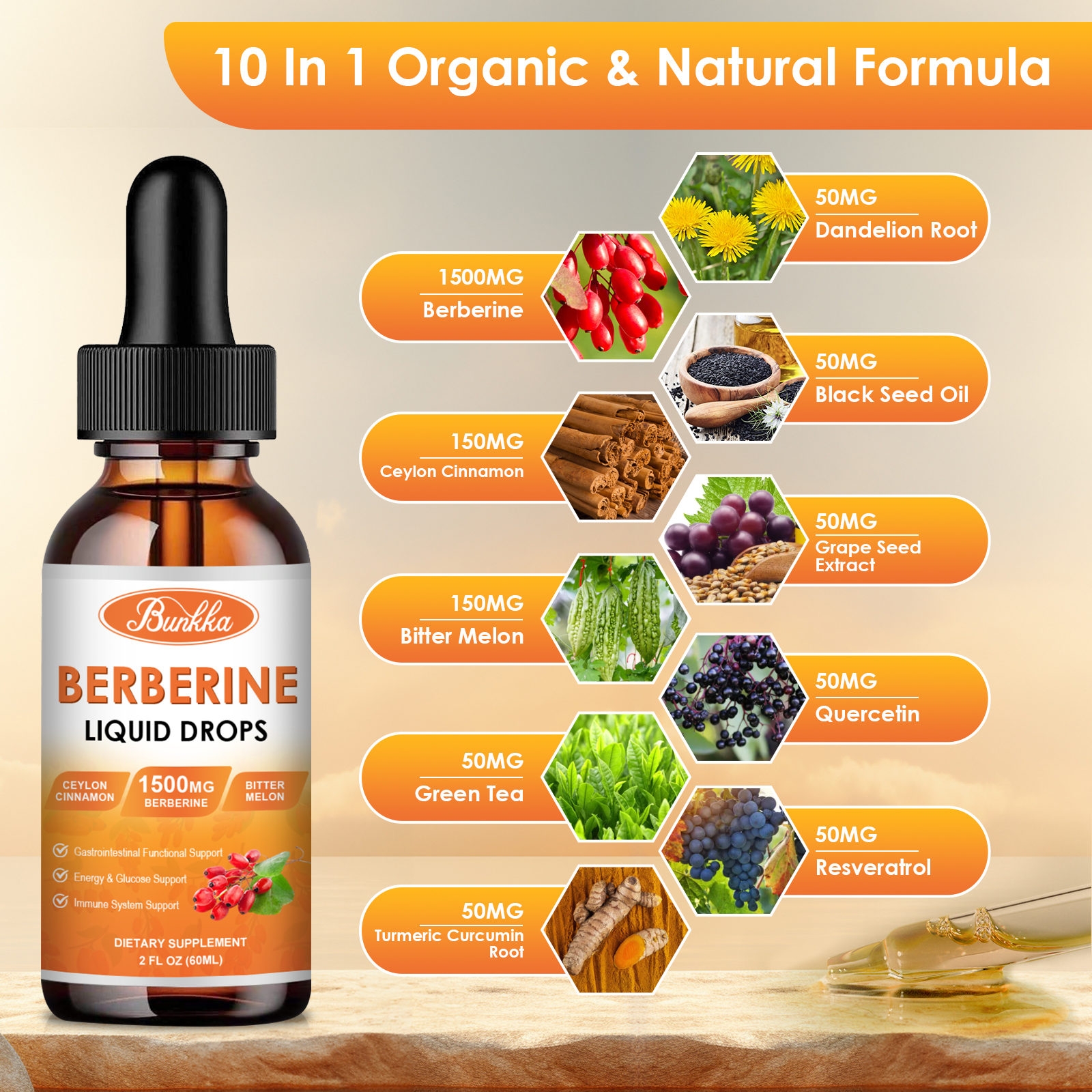 Berberine HCL Extract Liquid Drop with Ceylon Cinnamon for Heart Health & Immune