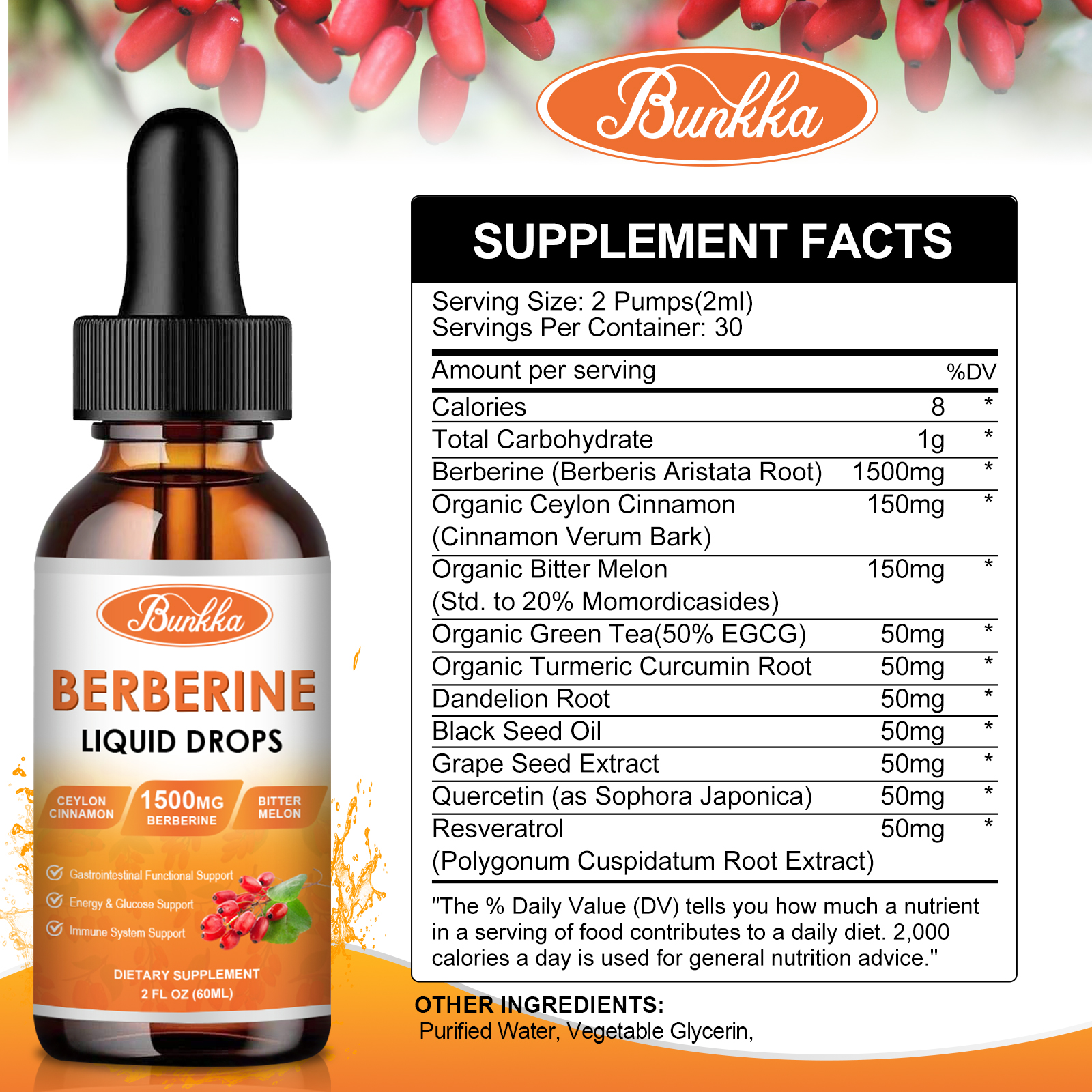 Berberine HCL Extract Liquid Drop with Ceylon Cinnamon for Heart Health & Immune