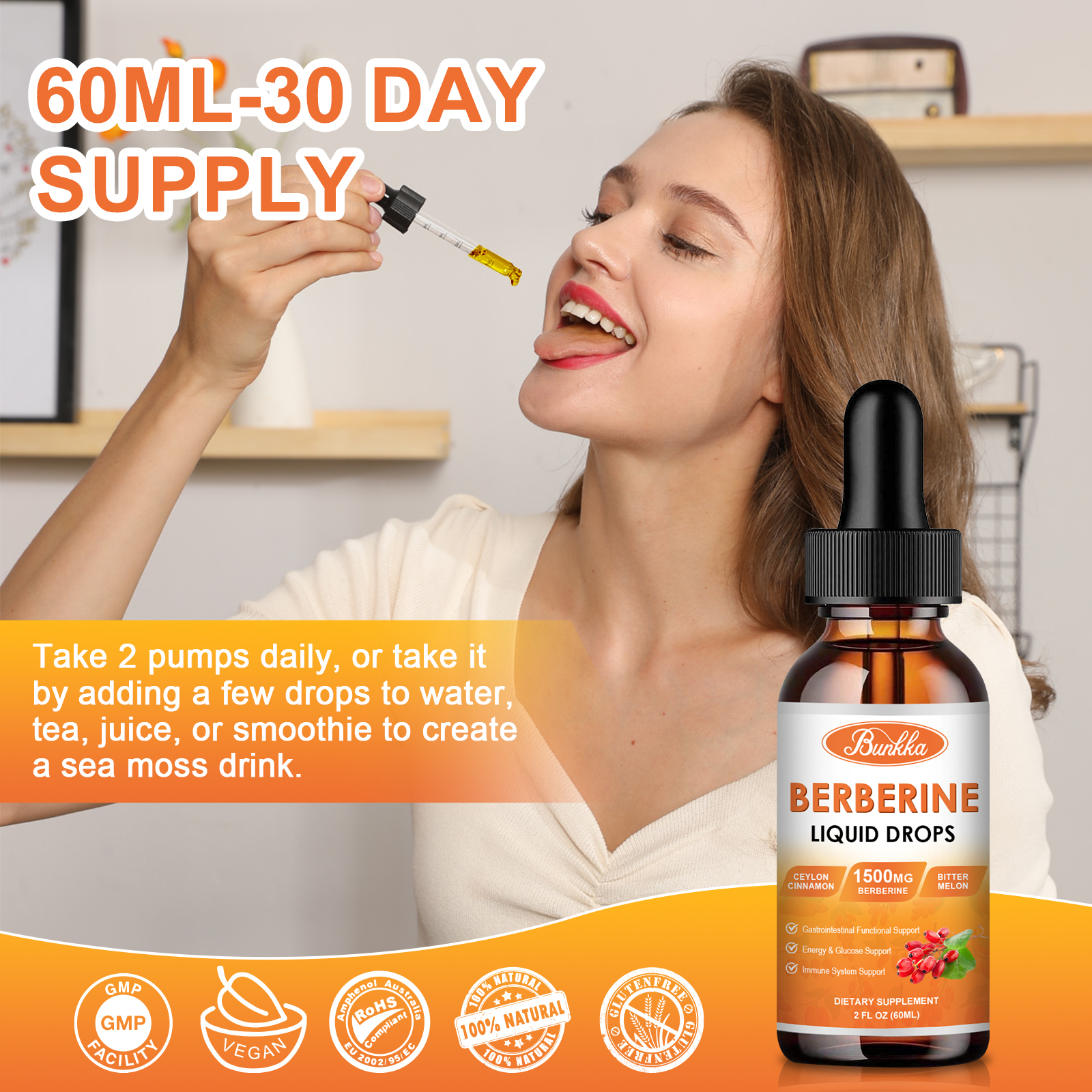 Berberine HCL Extract Liquid Drop with Ceylon Cinnamon for Heart Health & Immune