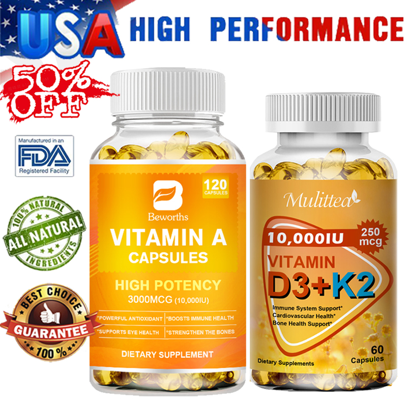 Vitamin A, Vitamin K2 D3, 10,000 IU Capsules Eye & Heart Health, Boost Immunity