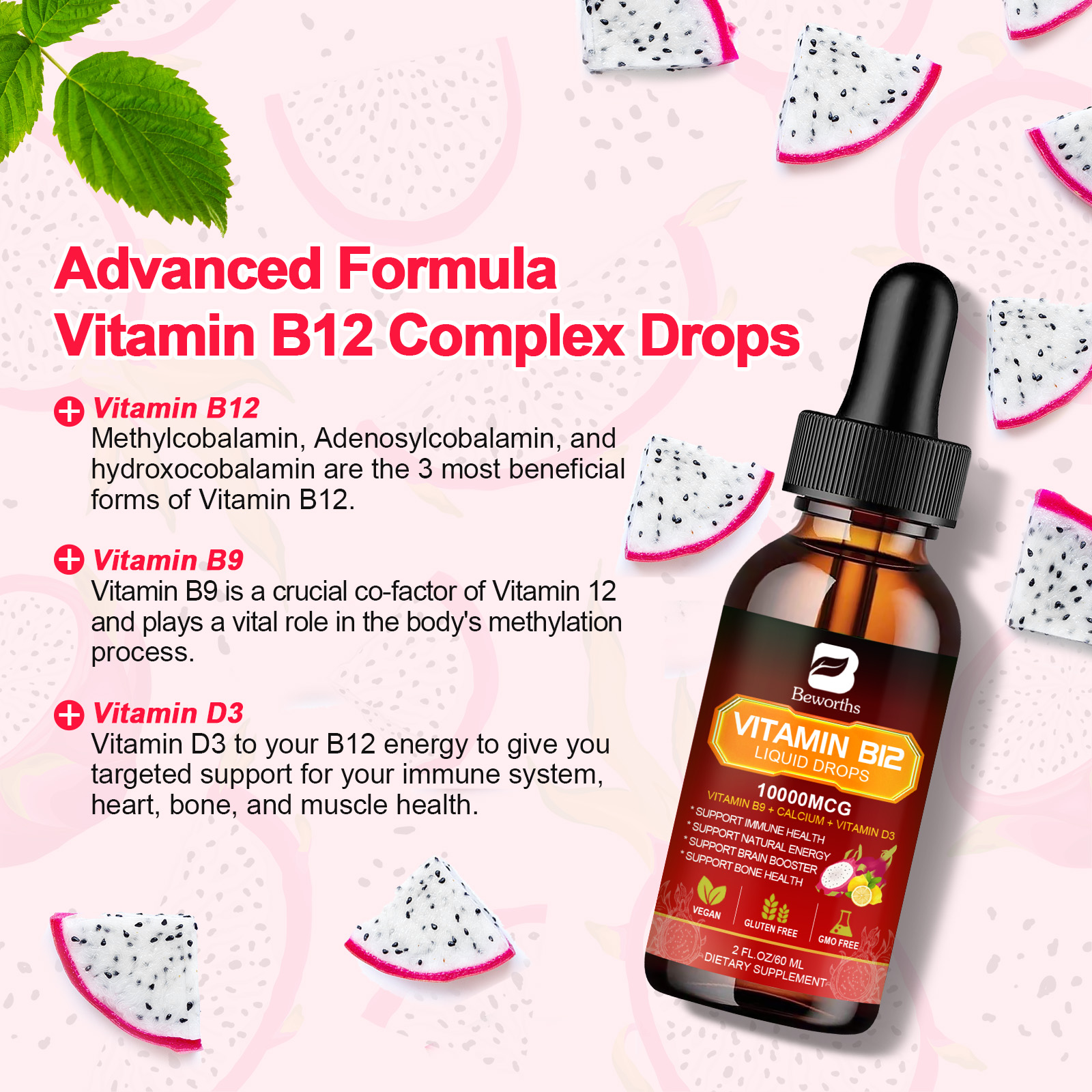 Vitamin B12 (Methylcobalamin) Plus Vitamn B9 D3 Drop Energy, Mood Immune Support - Picture 10 of 14