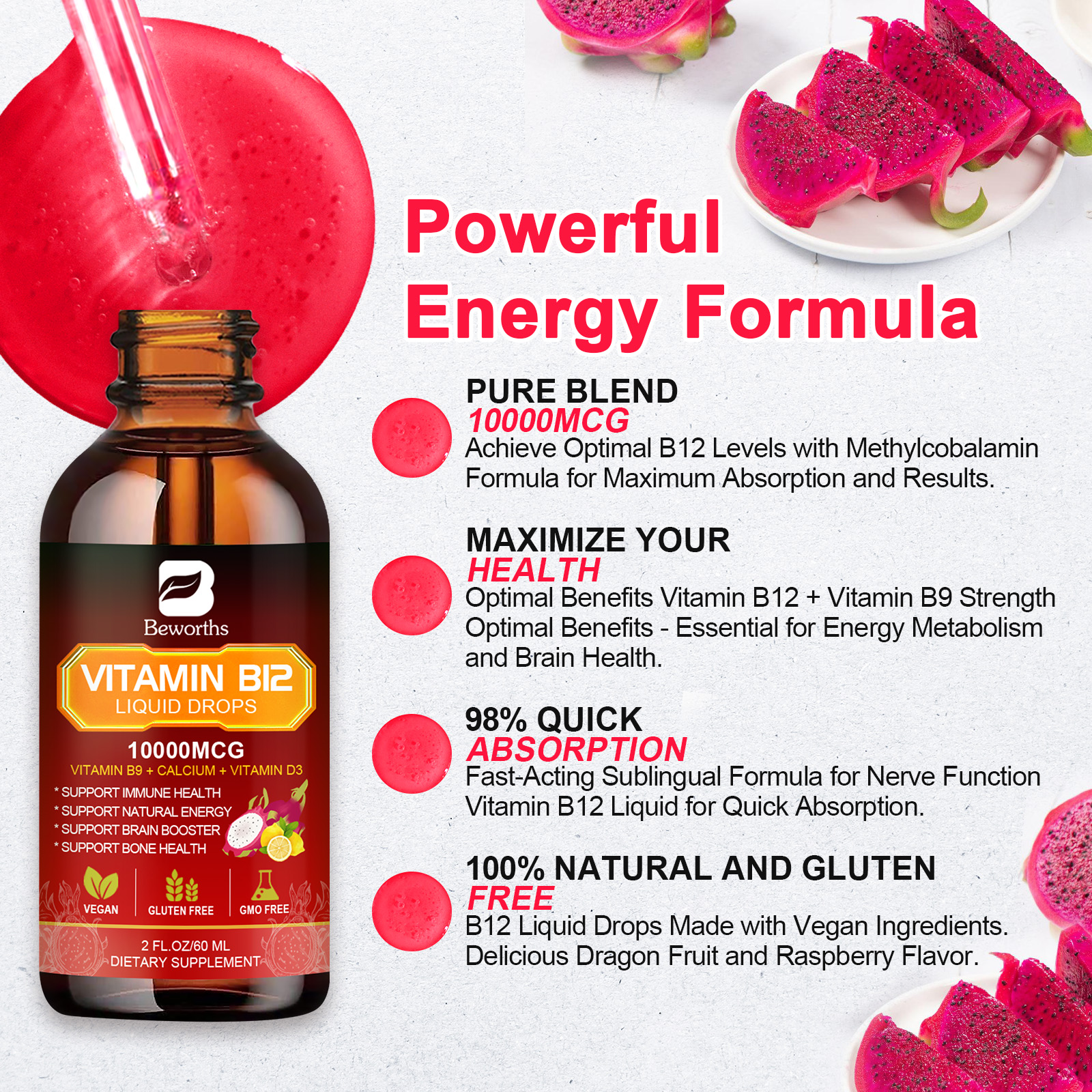 Vitamin B12 (Methylcobalamin) Plus Vitamn B9 D3 Drop Energy, Mood Immune Support - Picture 9 of 14