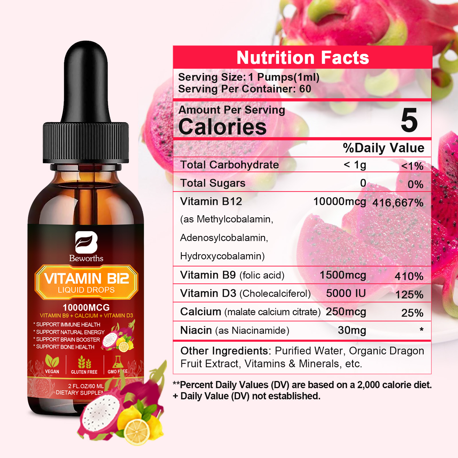 Vitamin B12 (Methylcobalamin) Plus Vitamn B9 D3 Drop Energy, Mood Immune Support - Picture 8 of 14