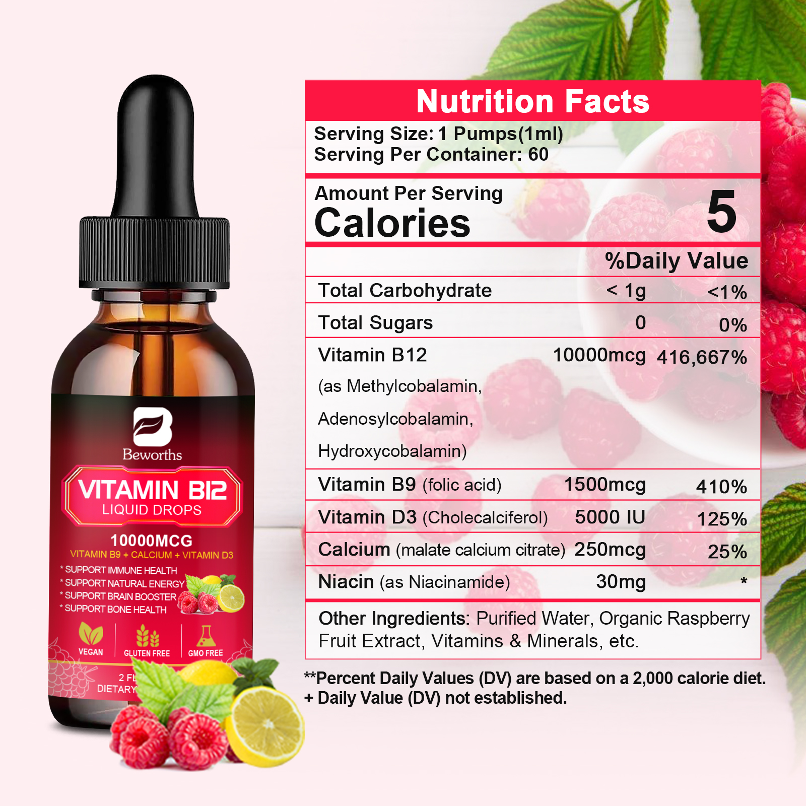 Vitamin B12 (Methylcobalamin) Plus Vitamn B9 D3 Drop Energy, Mood Immune Support - Picture 3 of 14