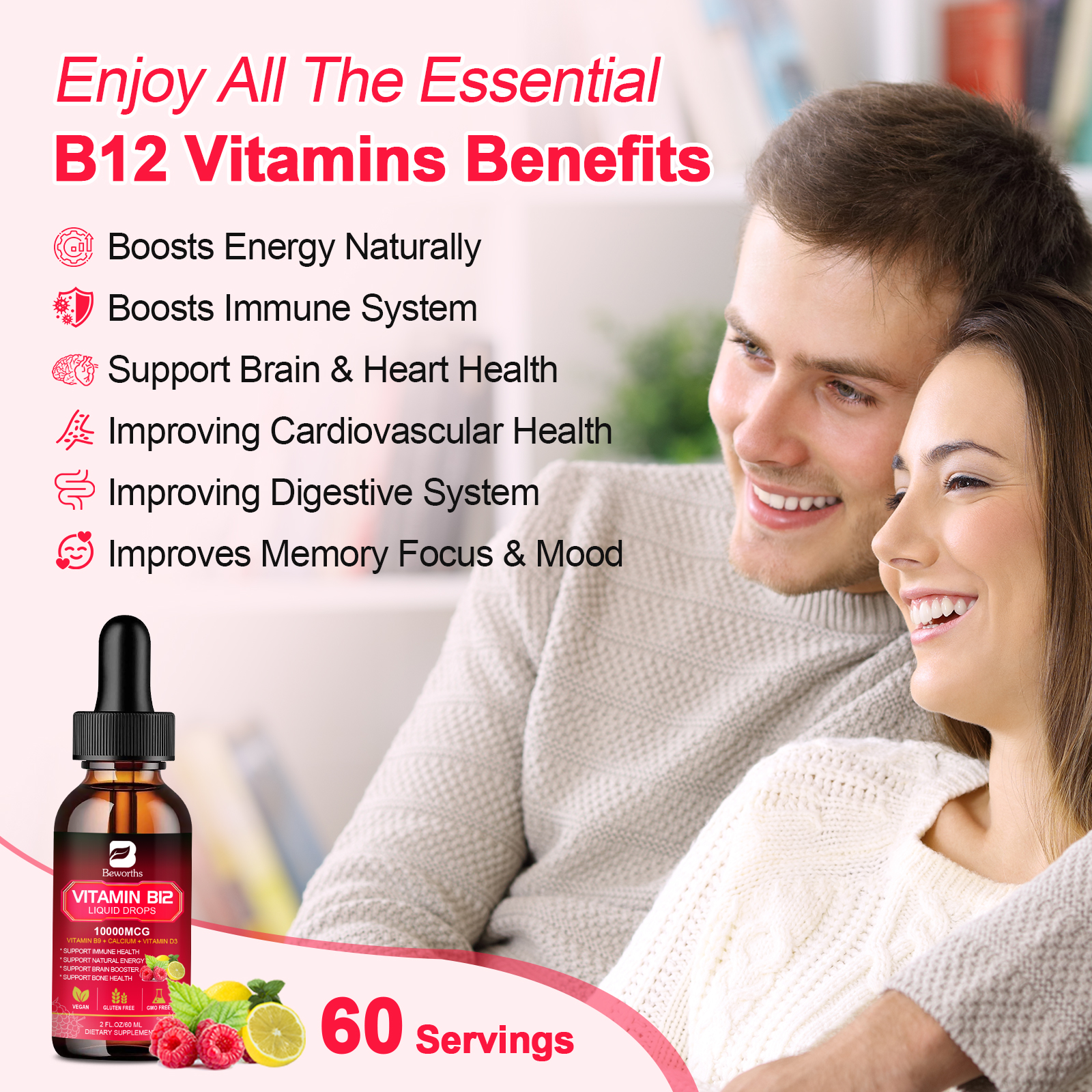 Vitamin B12 (Methylcobalamin) Plus Vitamn B9 D3 Drop Energy, Mood Immune Support - Picture 5 of 14