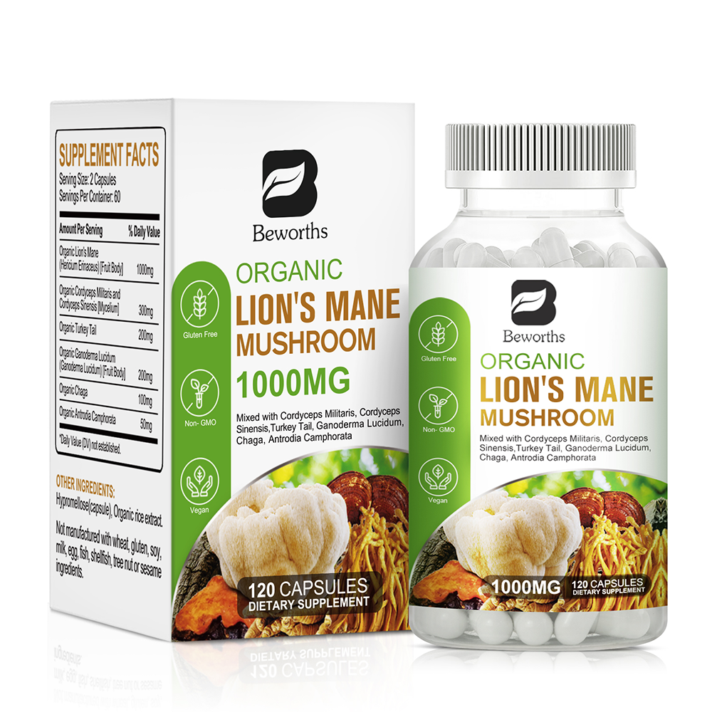 Mushroom Supplement Lions Mane, Cordyceps, Reishi for Brain Memory and Focus