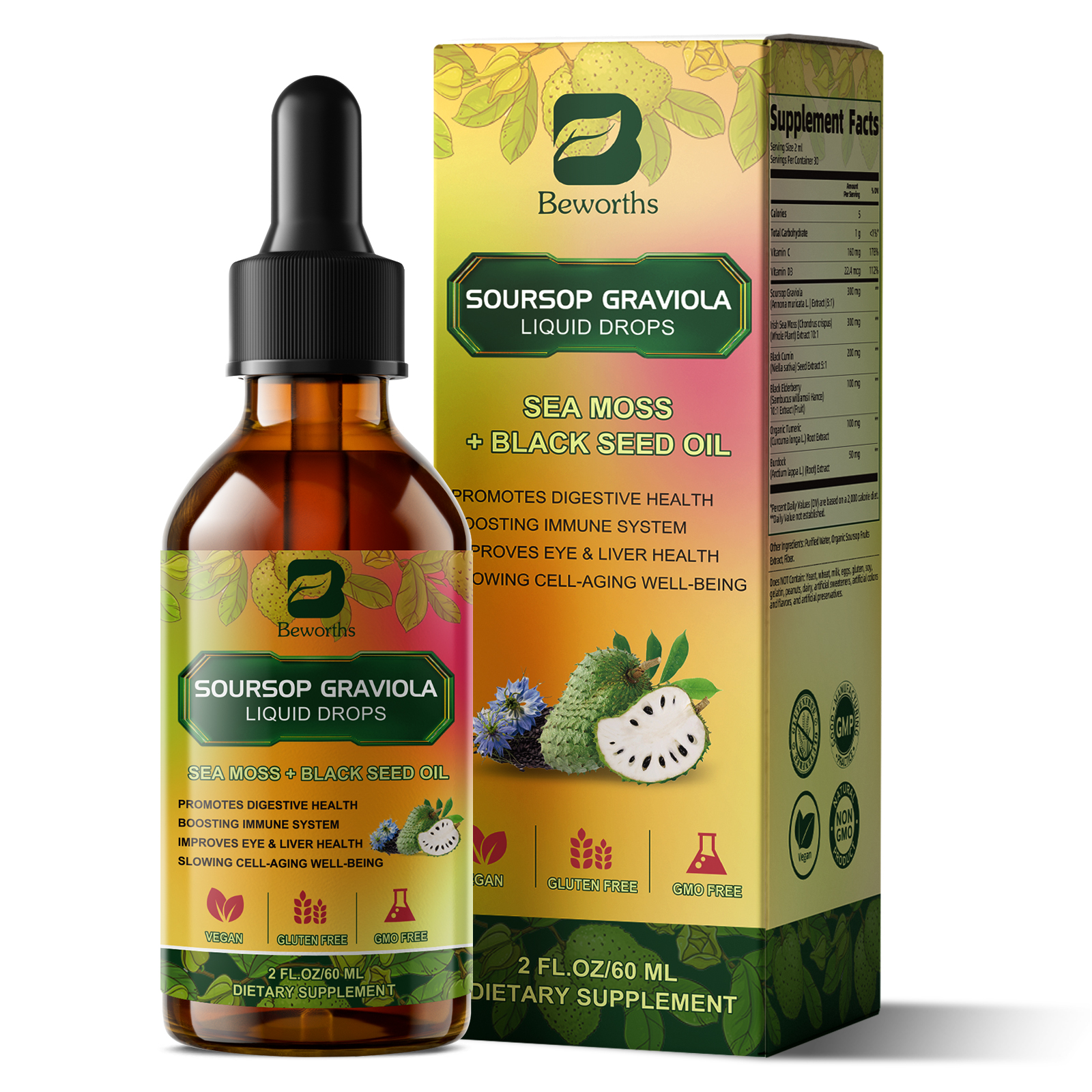 Soursop Bitters Liquid Drops with Sea Moss Black Seed Oil Turmeric Vegan 60mL