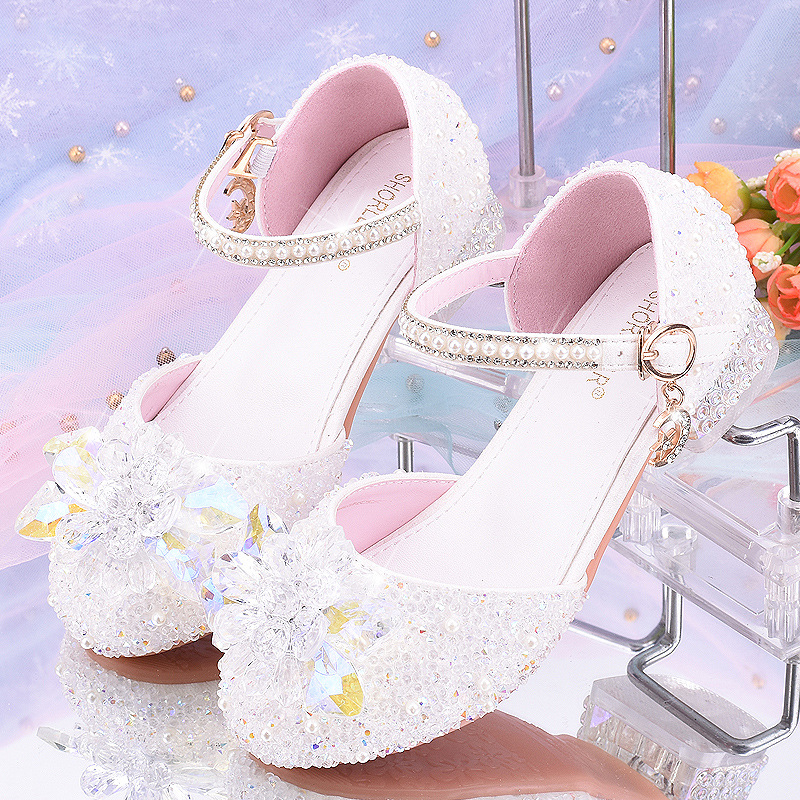 Kids Girls Elsa Pearl Elegant Princess Shoes Sequin Rhinestone Low Heel Shoes UK - Picture 20 of 23