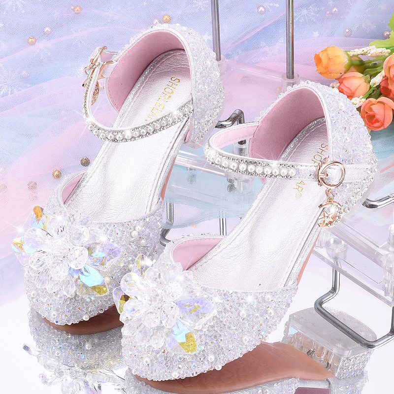 Kids Girls Elsa Pearl Elegant Princess Shoes Sequin Rhinestone Low Heel Shoes UK - Picture 22 of 23