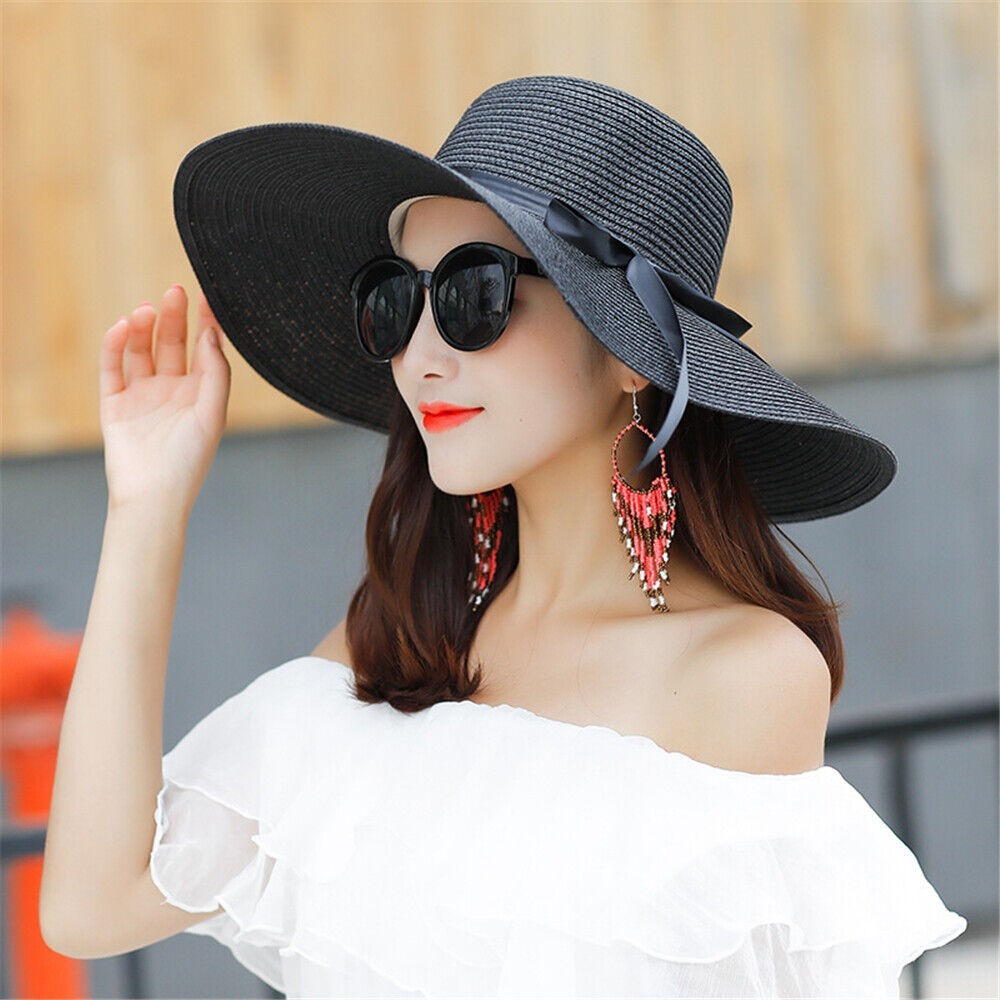 Floppy Foldable Ladies Women Straw Beach Sun Hat Summer Travel Wide Brim Cap - Picture 22 of 25