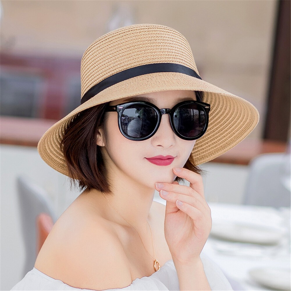 Floppy Foldable Ladies Women Straw Beach Sun Hat Summer Travel Wide Brim Cap - Picture 23 of 25