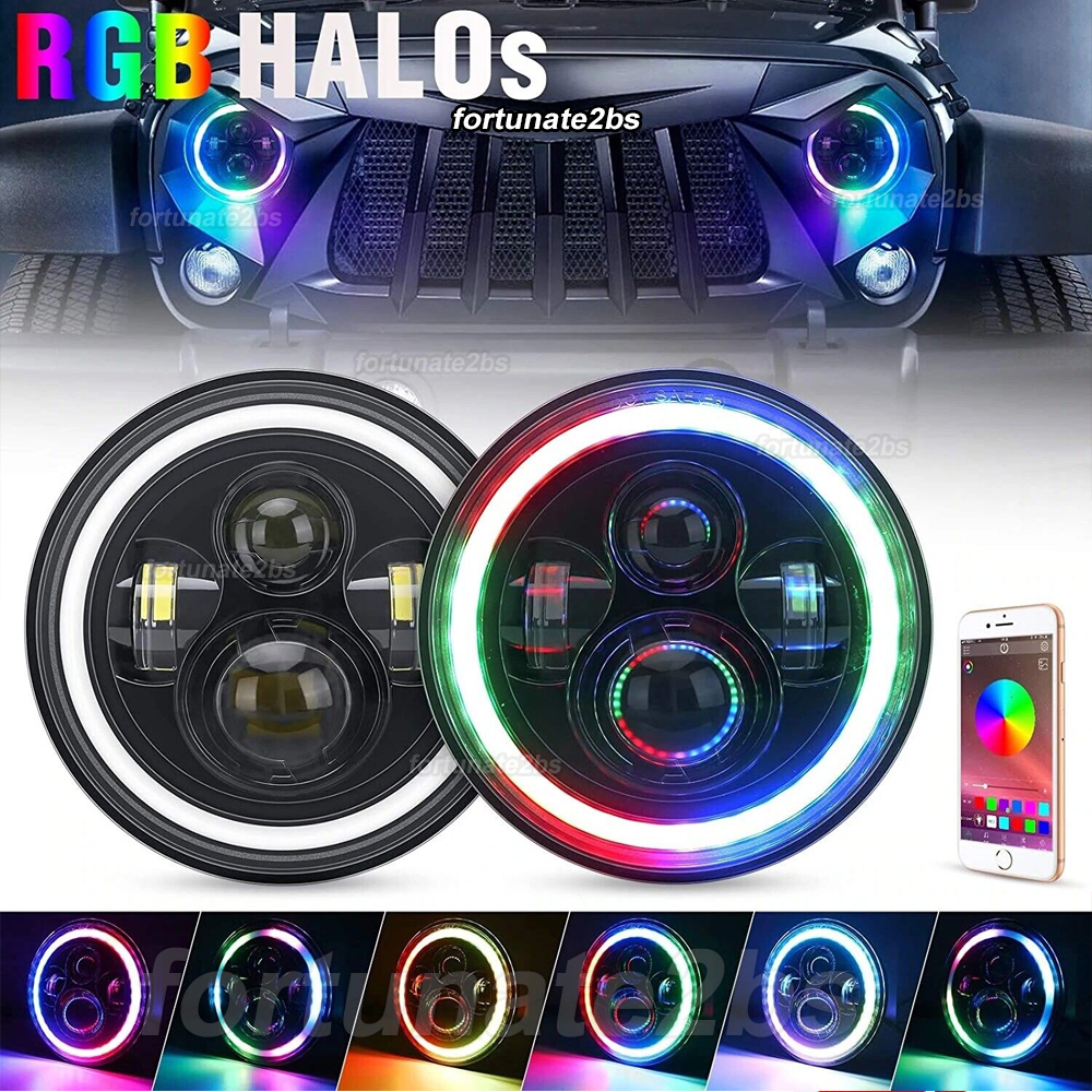 For Jeep Wrangler JK TJ 7" RGB Halo LED Headlights 4" RGB Fog Lights Combo Kit