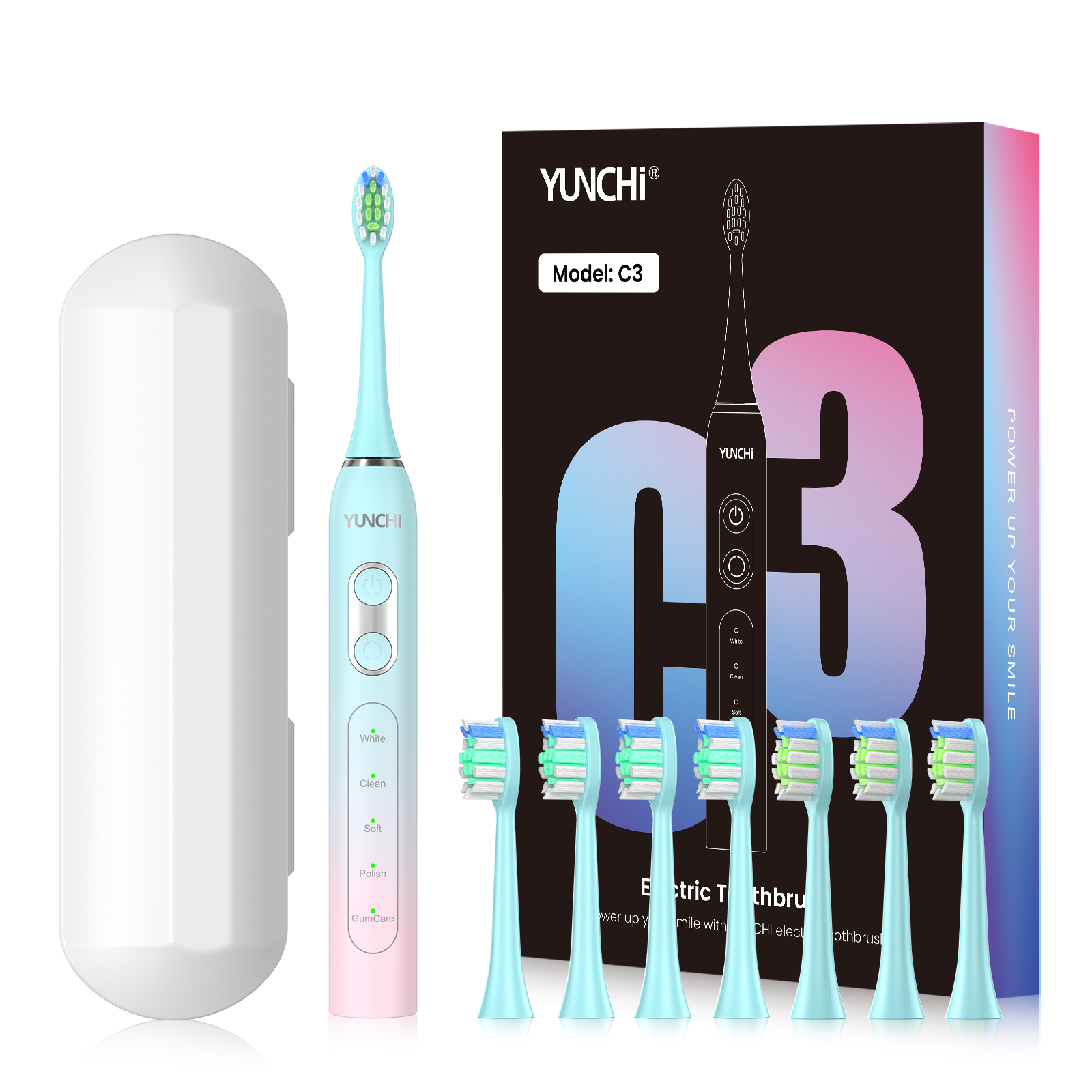 C3 Gradient Color Electric Toothbrush with 8 Brush Heads and Toothbrush Case - Picture 27 of 27