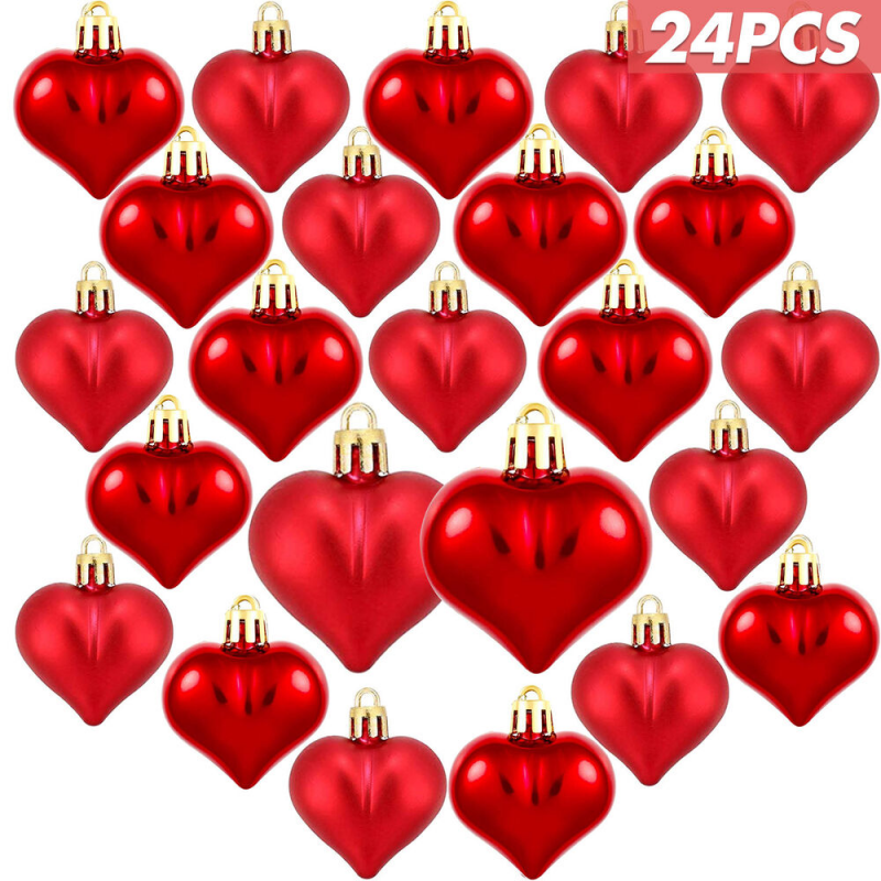 8 Heart Shaped PINK Christmas Baubles Glitter Matt Festive Tree Decor Hanging 