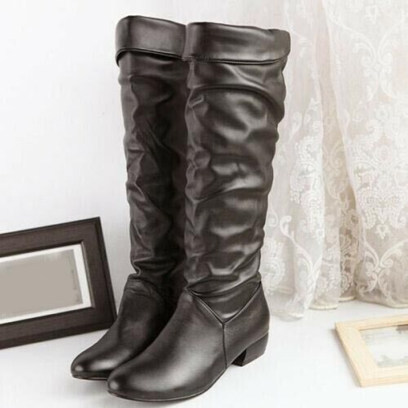 Womens Faux Leather Block Heels Cuffed Slouch Pull On Riding Knee High Boots Sz 