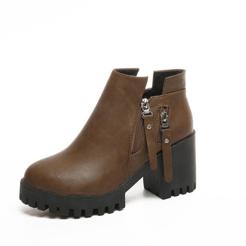 Ladies Round Toe Platform Ankle Boots Womens Chunky Thick Heel Side Zipper Shoes - Picture 10 of 10