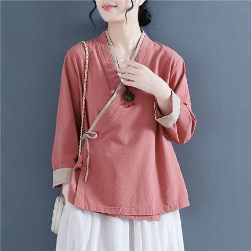 Womens Chinese Style Faux Linen V Neck Lace Up Long Sleeves Shirt Casual Tops