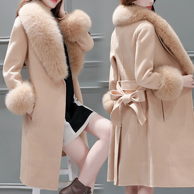 Women Slim Woolen Coat with Big Fur Collar Jacket Winter Warm Long Parka Outwear - Picture 6 of 7