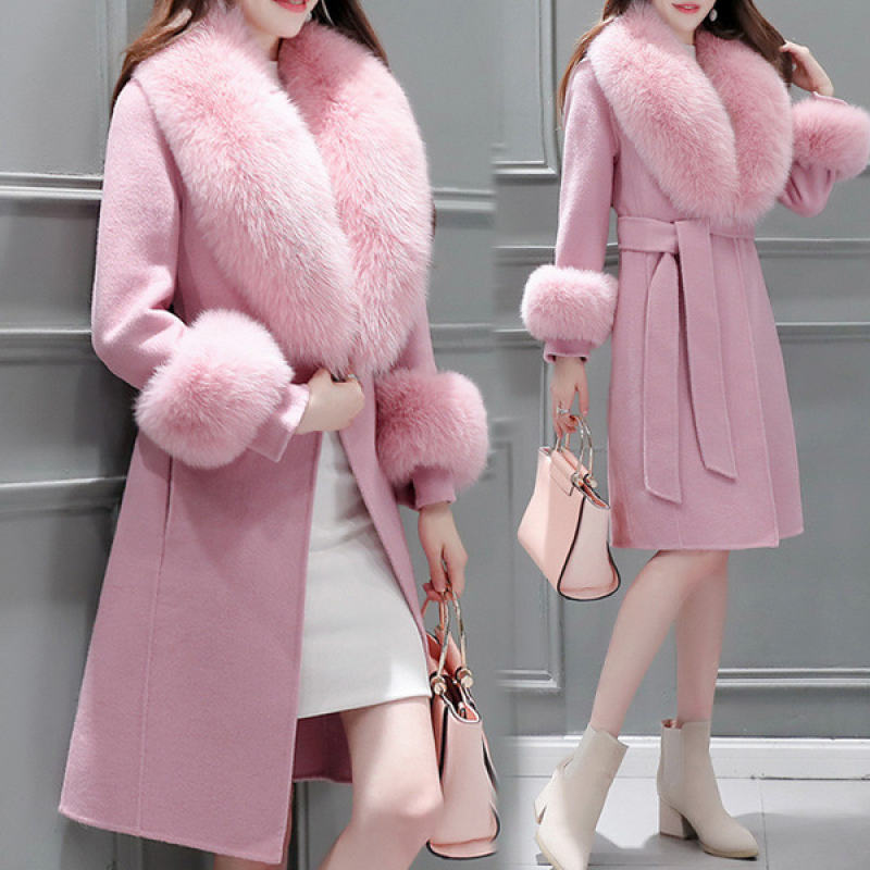 Women Slim Woolen Coat with Big Fur Collar Jacket Winter Warm Long Parka Outwear - Picture 5 of 7