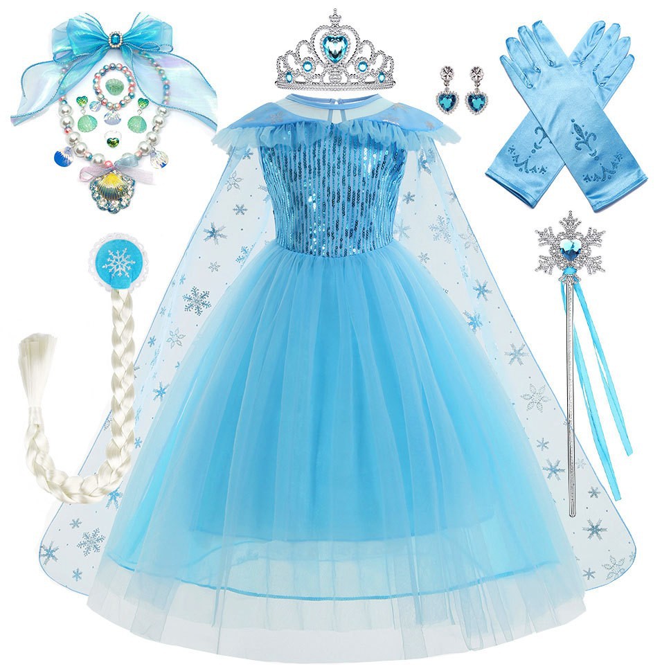 Kids Girls Elsa Princess Costume Birthday Cosplay Party Fancy Dress With Cape UK - Picture 21 of 26