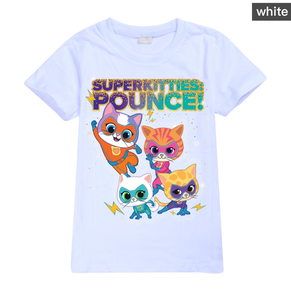 Girls Kids Boys Super-Kitties Print Short Sleeve T-shirt Casual Summer Tee Tops - Picture 20 of 34