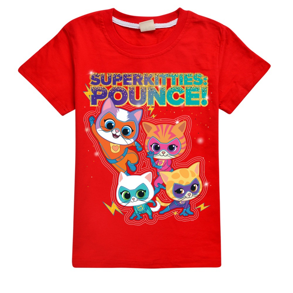 Girls Kids Boys Super-Kitties Print Short Sleeve T-shirt Casual Summer Tee Tops - Picture 22 of 34