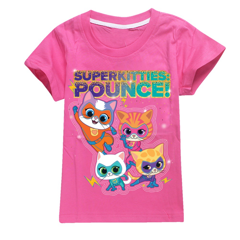 Girls Kids Boys Super-Kitties Print Short Sleeve T-shirt Casual Summer Tee Tops - Picture 29 of 34