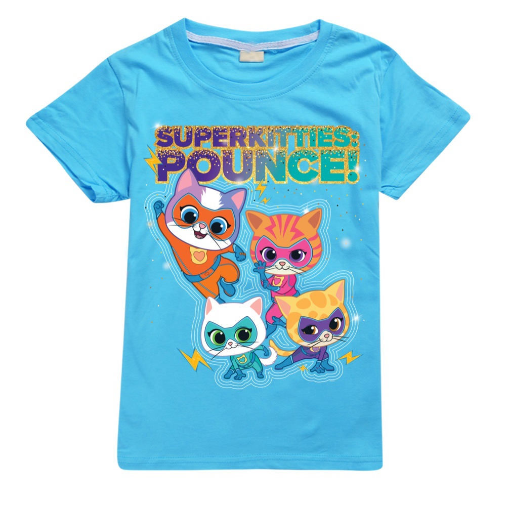 Girls Kids Boys Super-Kitties Print Short Sleeve T-shirt Casual Summer Tee Tops - Picture 27 of 34