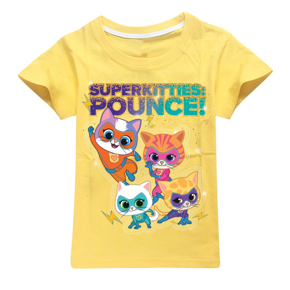 Girls Kids Boys Super-Kitties Print Short Sleeve T-shirt Casual Summer Tee Tops - Picture 21 of 34