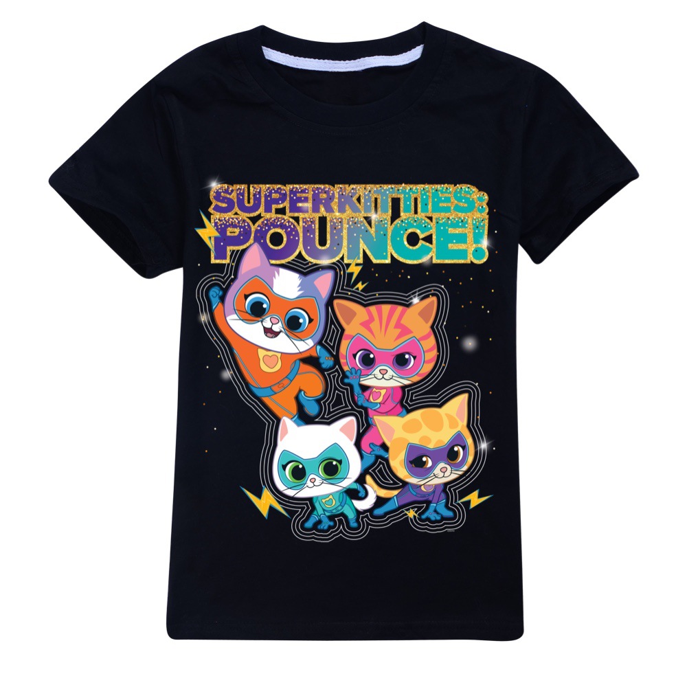 Girls Kids Boys Super-Kitties Print Short Sleeve T-shirt Casual Summer Tee Tops - Picture 26 of 34