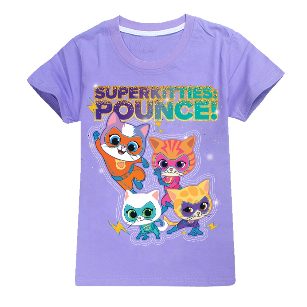 Girls Kids Boys Super-Kitties Print Short Sleeve T-shirt Casual Summer Tee Tops - Picture 23 of 34
