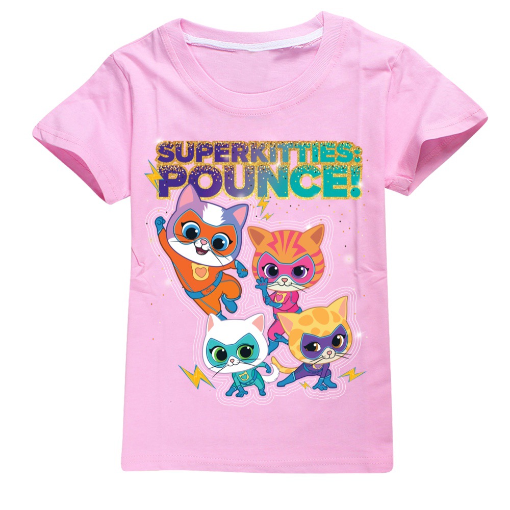 Girls Kids Boys Super-Kitties Print Short Sleeve T-shirt Casual Summer Tee Tops - Picture 28 of 34