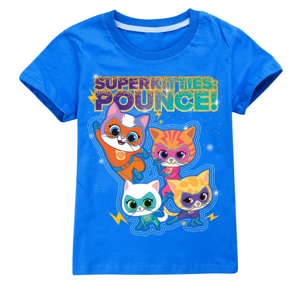 Girls Kids Boys Super-Kitties Print Short Sleeve T-shirt Casual Summer Tee Tops - Picture 32 of 34