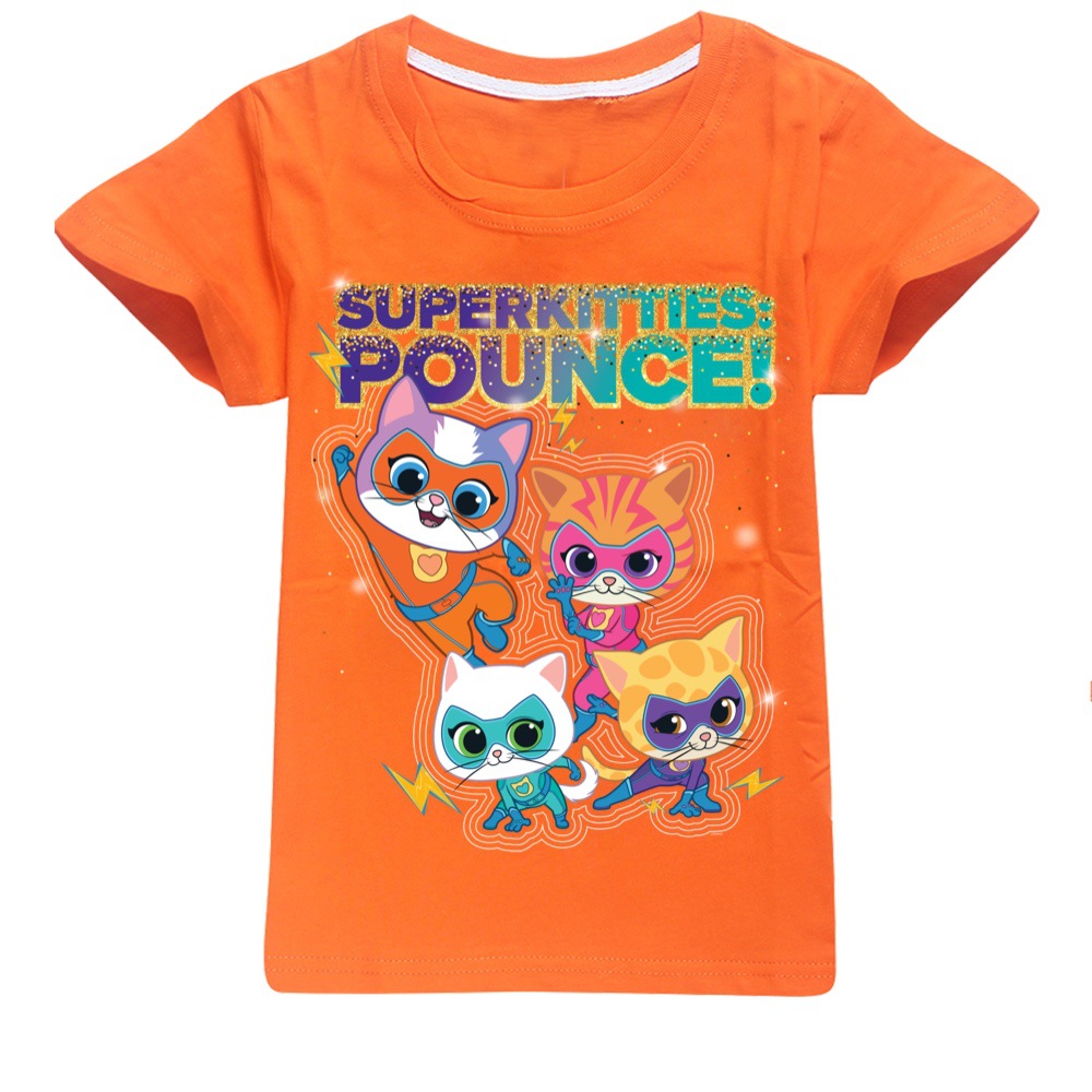Girls Kids Boys Super-Kitties Print Short Sleeve T-shirt Casual Summer Tee Tops - Picture 31 of 34