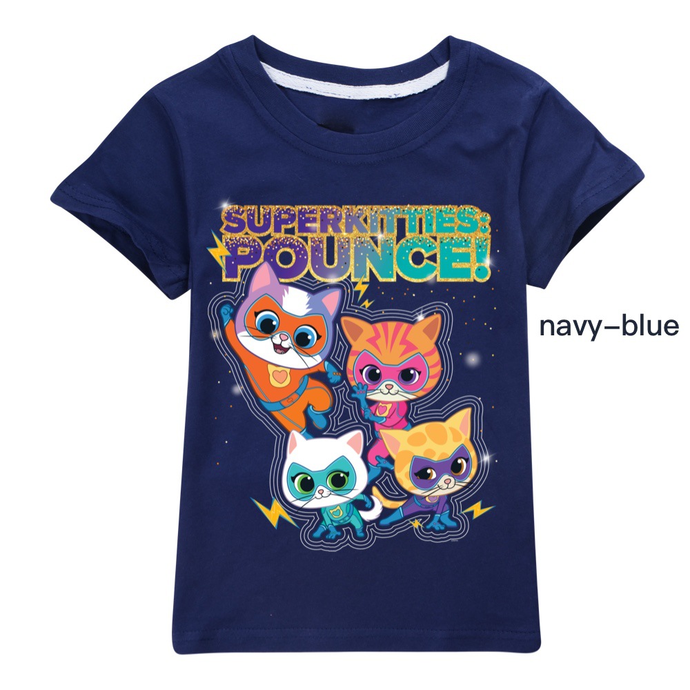 Girls Kids Boys Super-Kitties Print Short Sleeve T-shirt Casual Summer Tee Tops - Picture 30 of 34