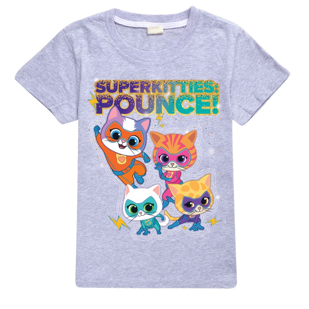 Girls Kids Boys Super-Kitties Print Short Sleeve T-shirt Casual Summer Tee Tops - Picture 24 of 34