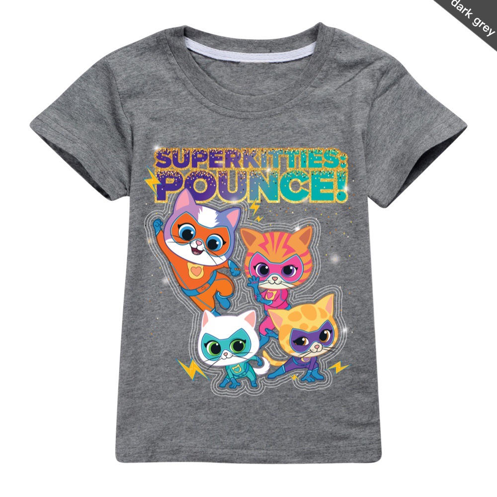Girls Kids Boys Super-Kitties Print Short Sleeve T-shirt Casual Summer Tee Tops - Picture 33 of 34