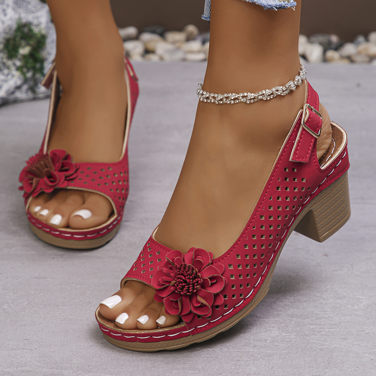 Womens Mid Wedge Heel Flower Sandals Ladies Summer Slip On Walking Mules Shoes
