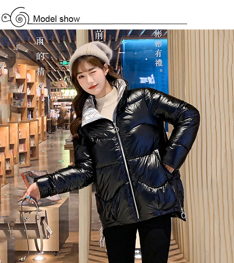 Shiny Female Parkas Winter Thick Solid Plus Size Womens Jacket Loose Stand Collar Glossy Cotton Padded Outwear Casual Coat Lady