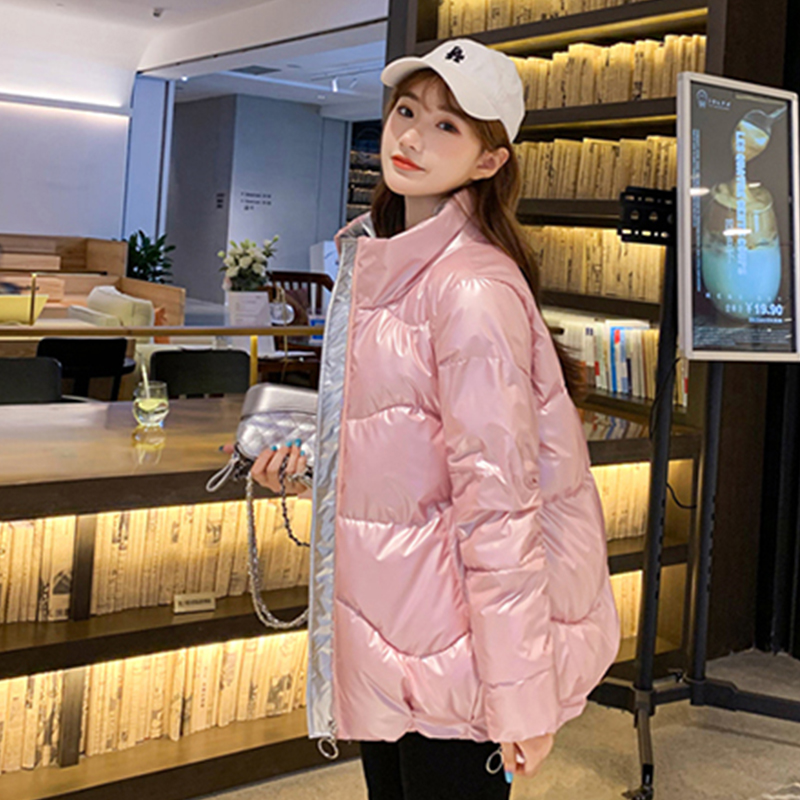 Shiny Female Parkas Winter Thick Solid Plus Size Womens Jacket Loose Stand Collar Glossy Cotton Padded Outwear Casual Coat Lady