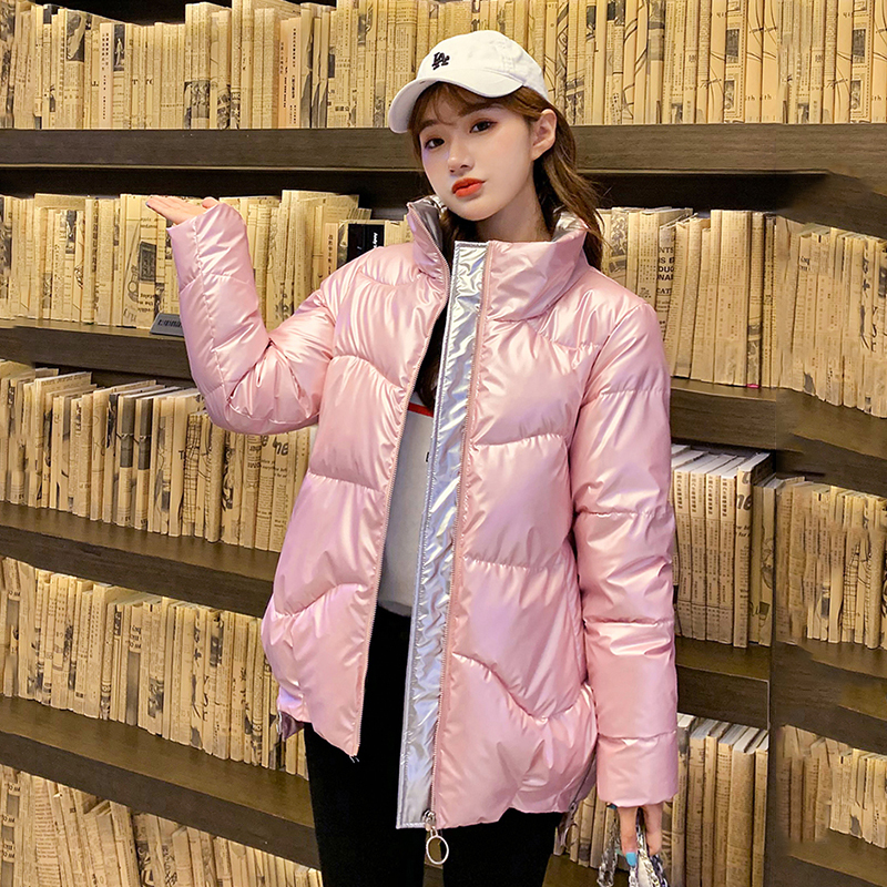 Shiny Female Parkas Winter Thick Solid Plus Size Womens Jacket Loose Stand Collar Glossy Cotton Padded Outwear Casual Coat Lady